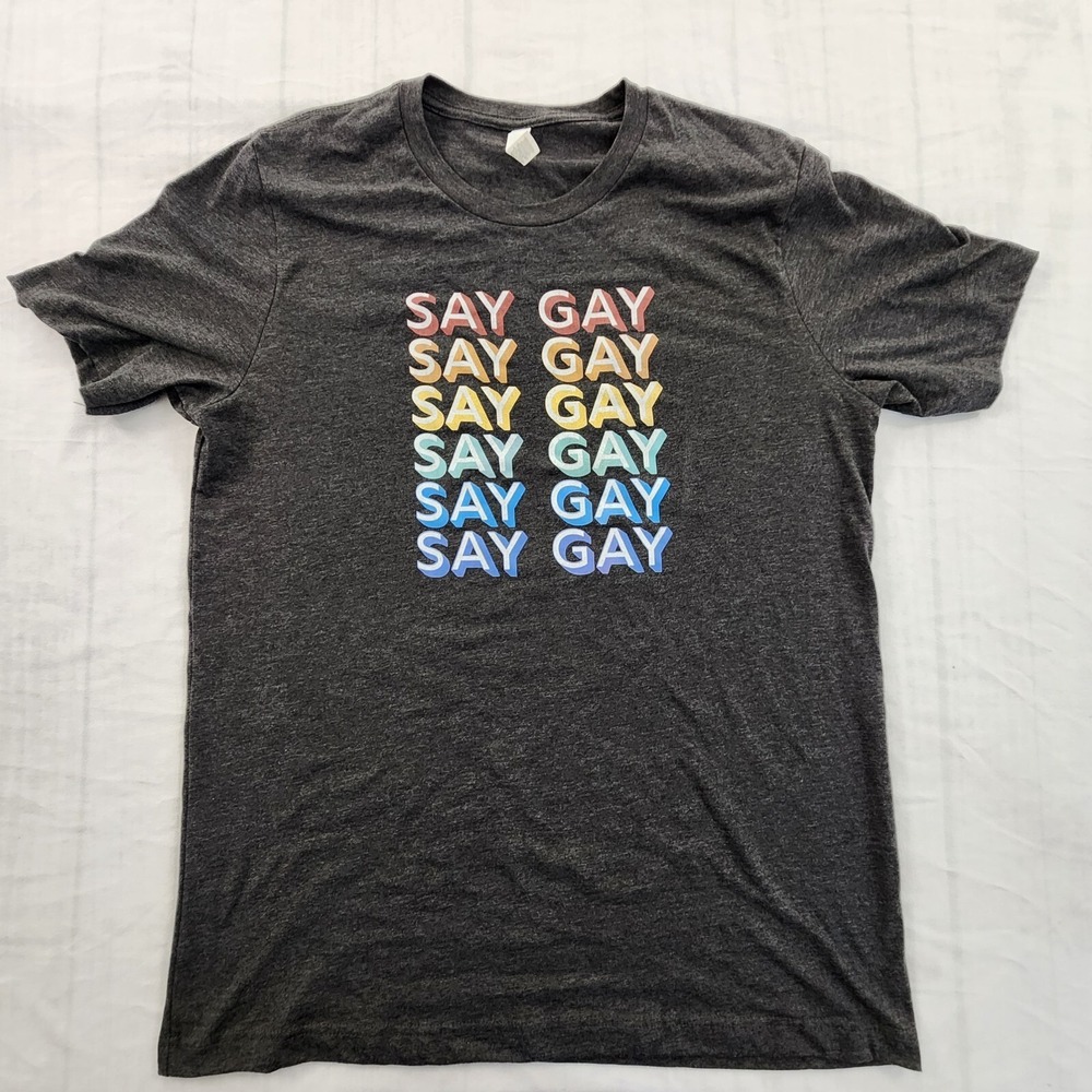 Say Gay Rainbow Print Gray Short Sleeve Cotton Blend T-Shirt‎ Men's L
